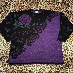 Vintage 90s Nutcracker Purple Glitter Rose Sweater